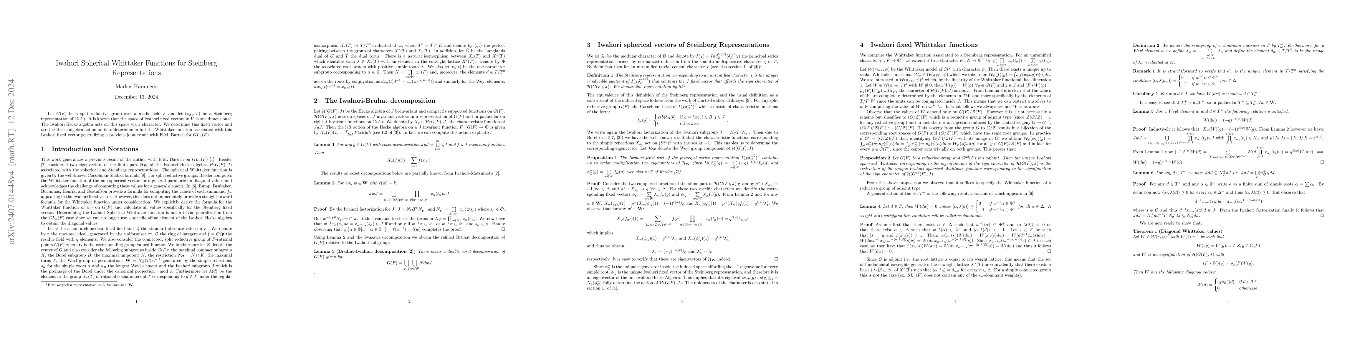 Thumbnail for Iwahori Spherical Whittaker Functions for Steinberg Representations