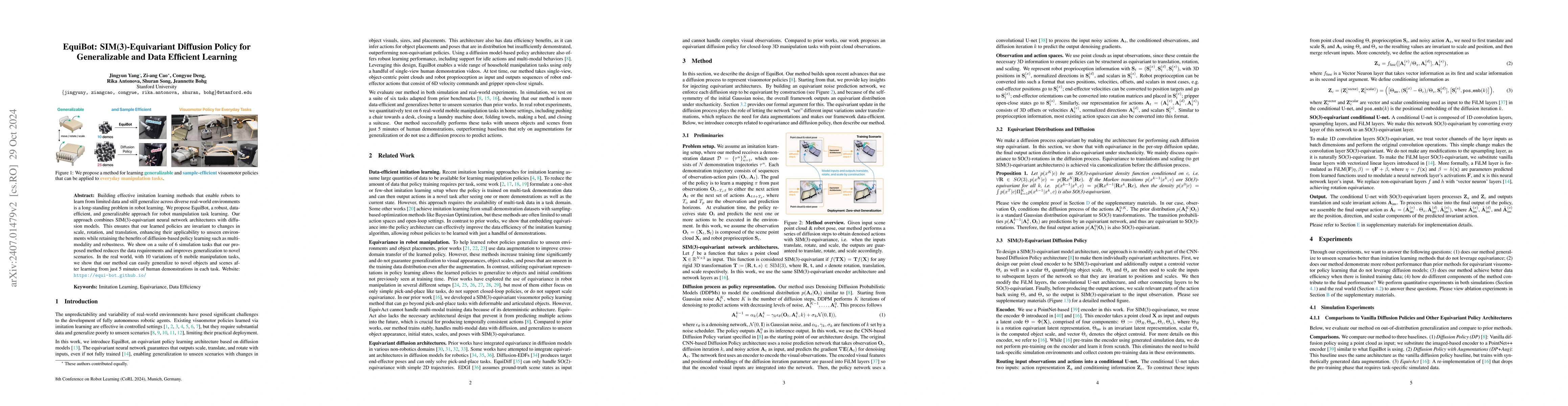Thumbnail for EquiBot: SIM(3)-Equivariant Diffusion Policy for Generalizable and Data
  Efficient Learning