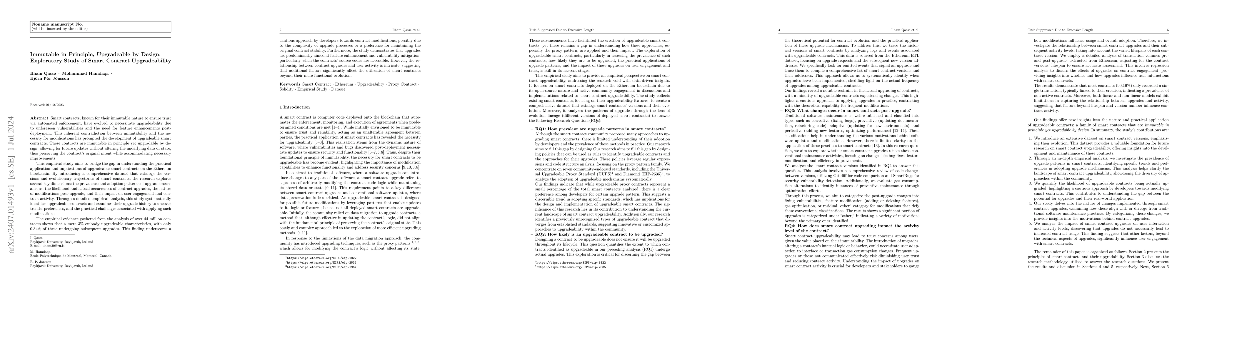 Thumbnail for Immutable in Principle, Upgradeable by Design: Exploratory Study of
  Smart Contract Upgradeability