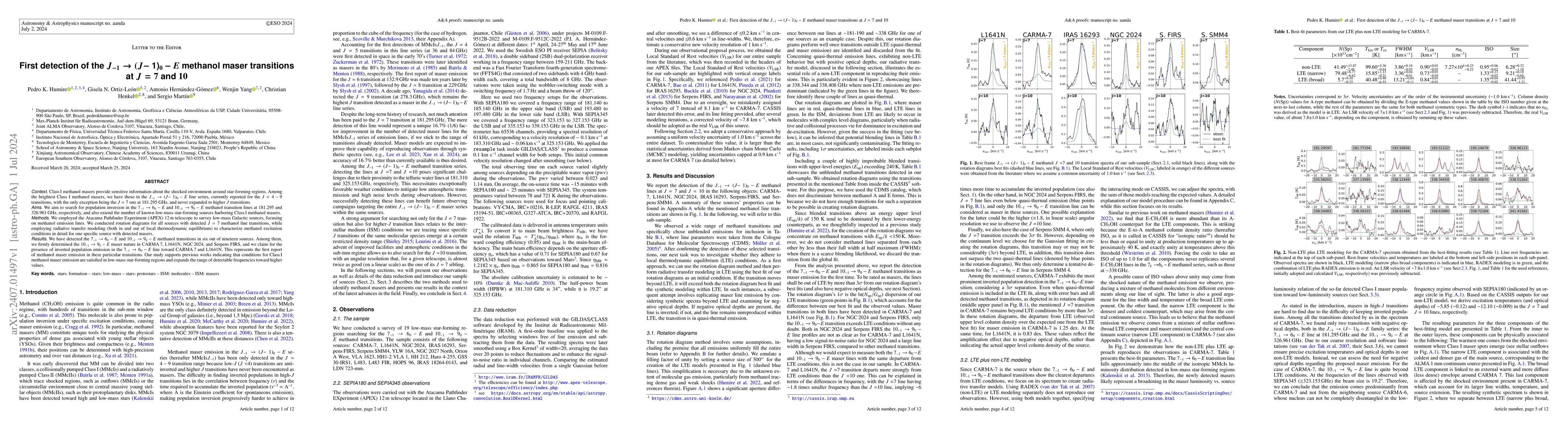 Thumbnail for First detection of the $J_{-1}\rightarrow(J-$ 1)$_{0}-E$ methanol maser
  transitions at $J=7$ and $10$