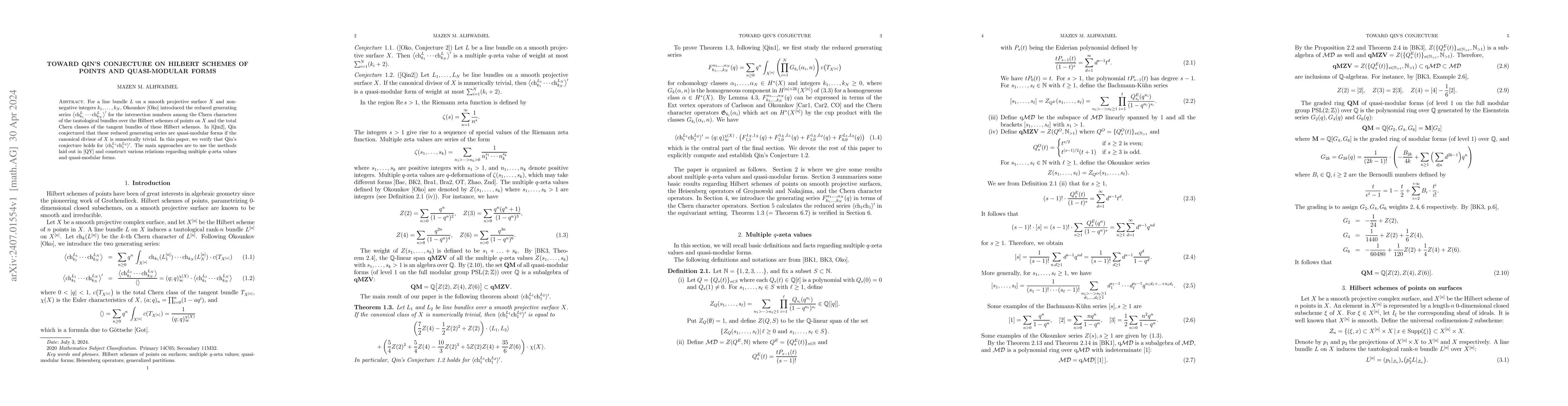 Thumbnail for Toward Qin's Conjecture on Hilbert schemes of points and quasi-modular
  forms