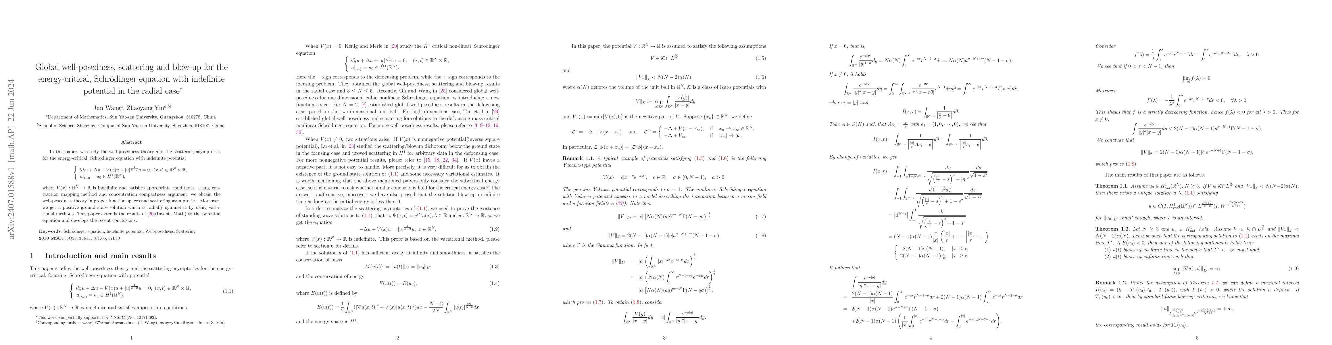 Thumbnail for Global well-posedness, scattering and blow-up for the energy-critical,
  Schr\"odinger equation with indefinite potential in the radial case