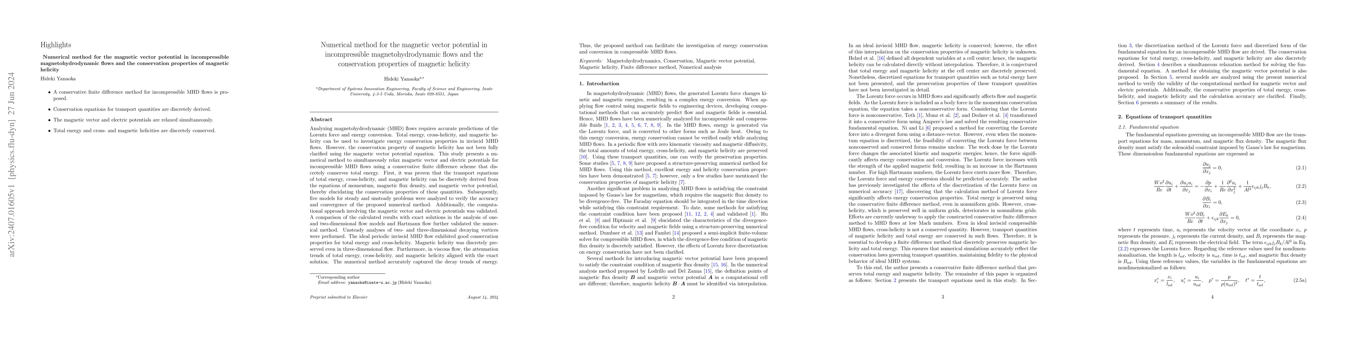 Thumbnail for Numerical method for the magnetic vector potential in incompressible
  magnetohydrodynamic flows and the conservation properties of magnetic
  helicity