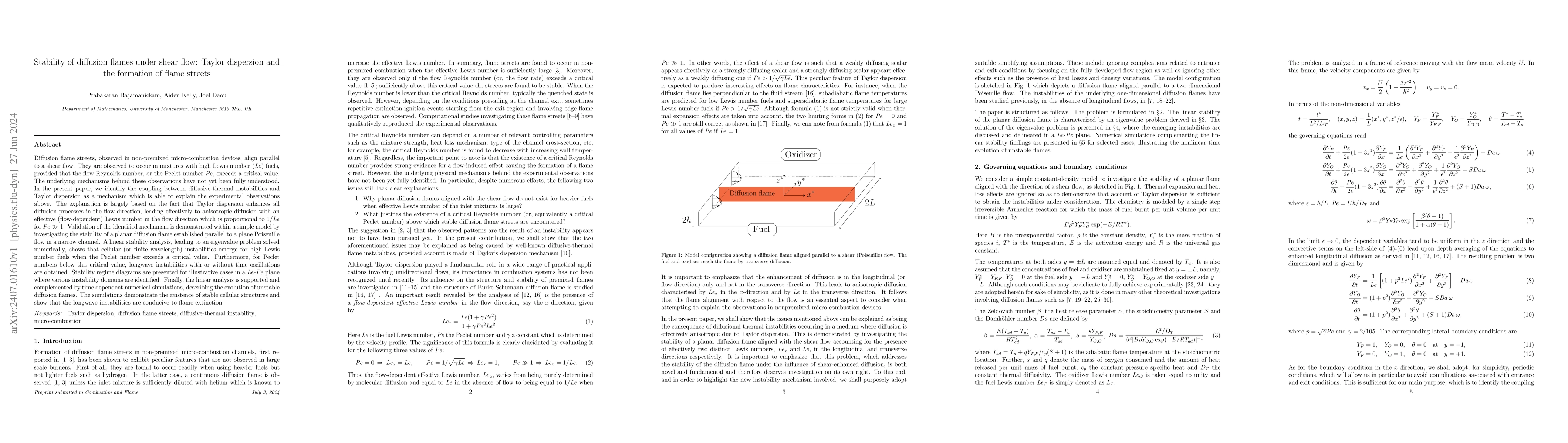 Thumbnail for Stability of diffusion flames under shear flow: Taylor dispersion and
  the formation of flame streets