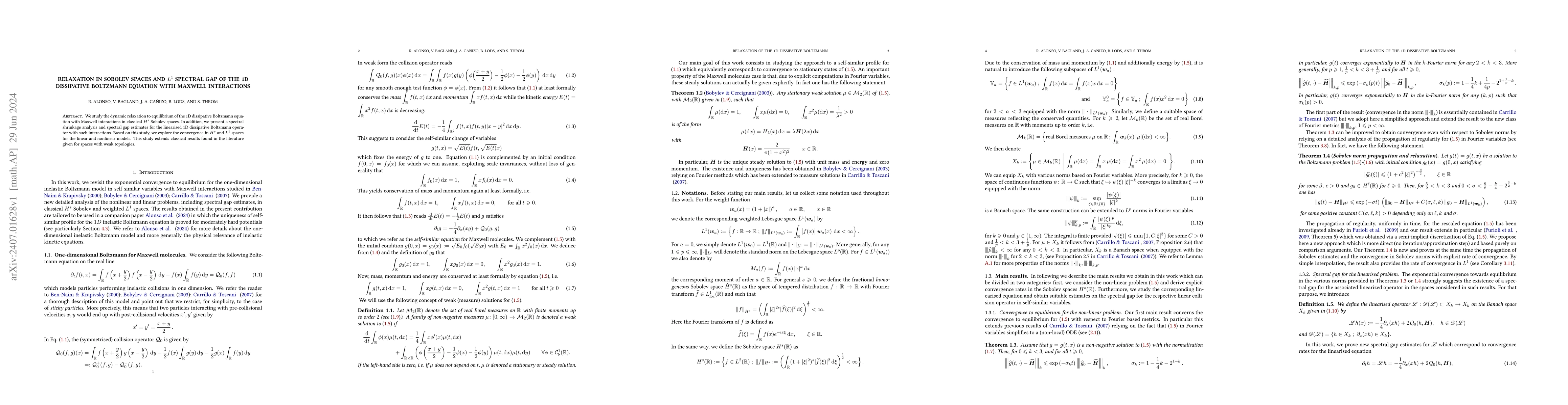 Thumbnail for Relaxation in Sobolev spaces and $L^1$ spectral gap of the 1D
  dissipative Boltzmann equation with Maxwell interactions