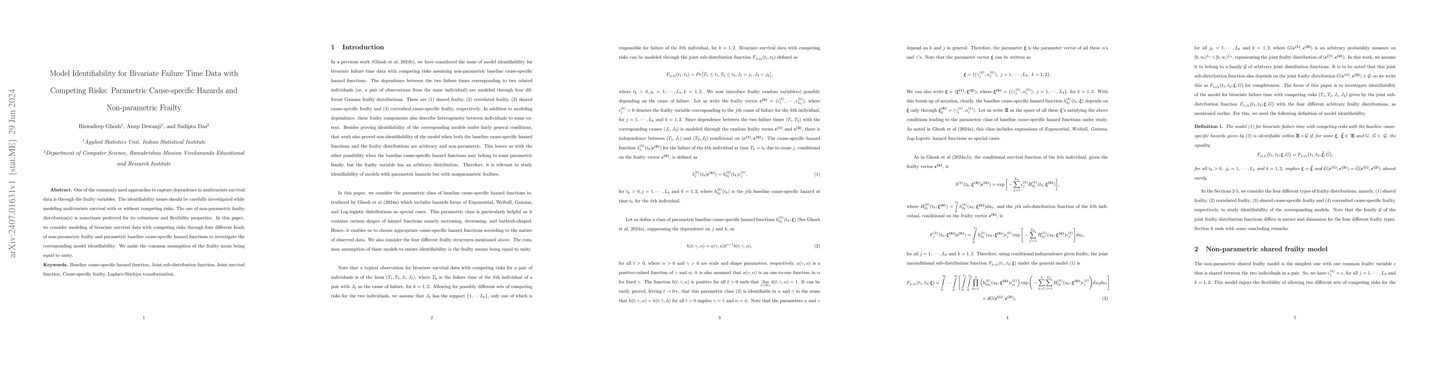 Thumbnail for Model Identifiability for Bivariate Failure Time Data with Competing
  Risks: Parametric Cause-specific Hazards and Non-parametric Frailty