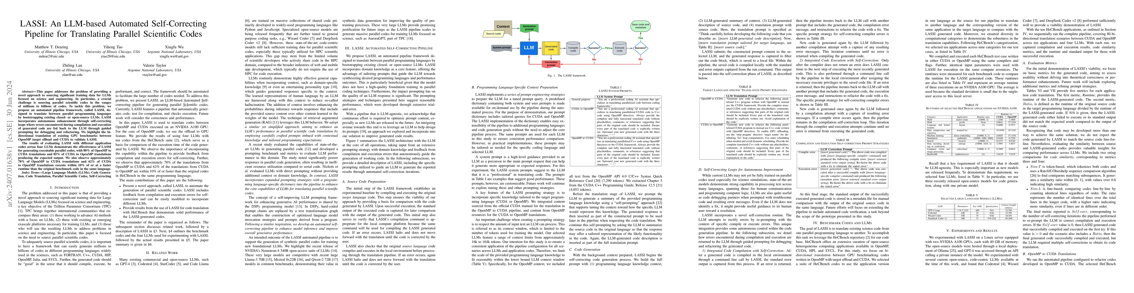 Thumbnail for LASSI: An LLM-based Automated Self-Correcting Pipeline for Translating
  Parallel Scientific Codes