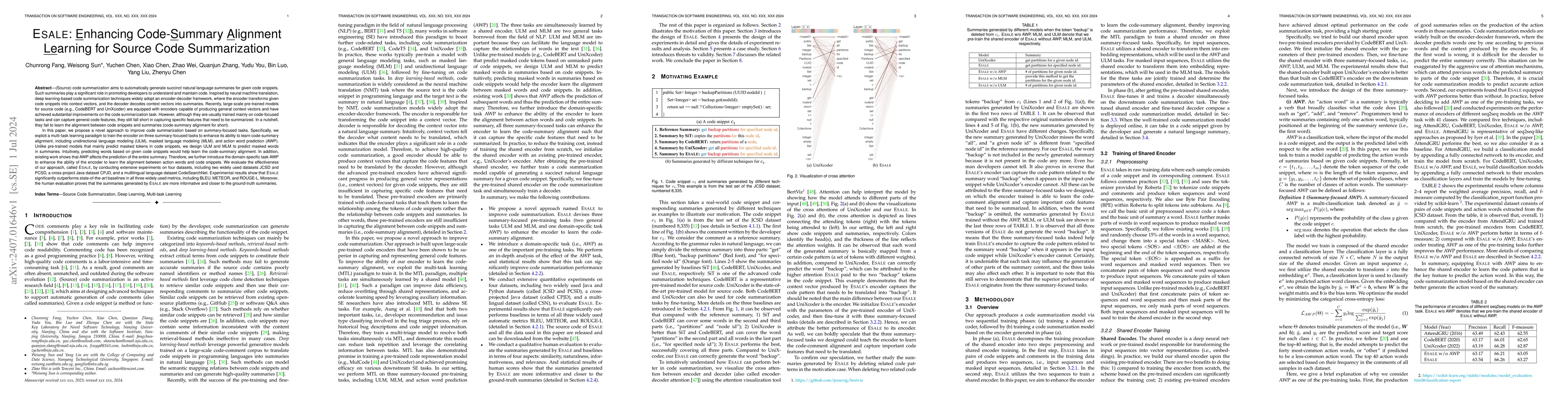 Thumbnail for ESALE: Enhancing Code-Summary Alignment Learning for Source Code
  Summarization