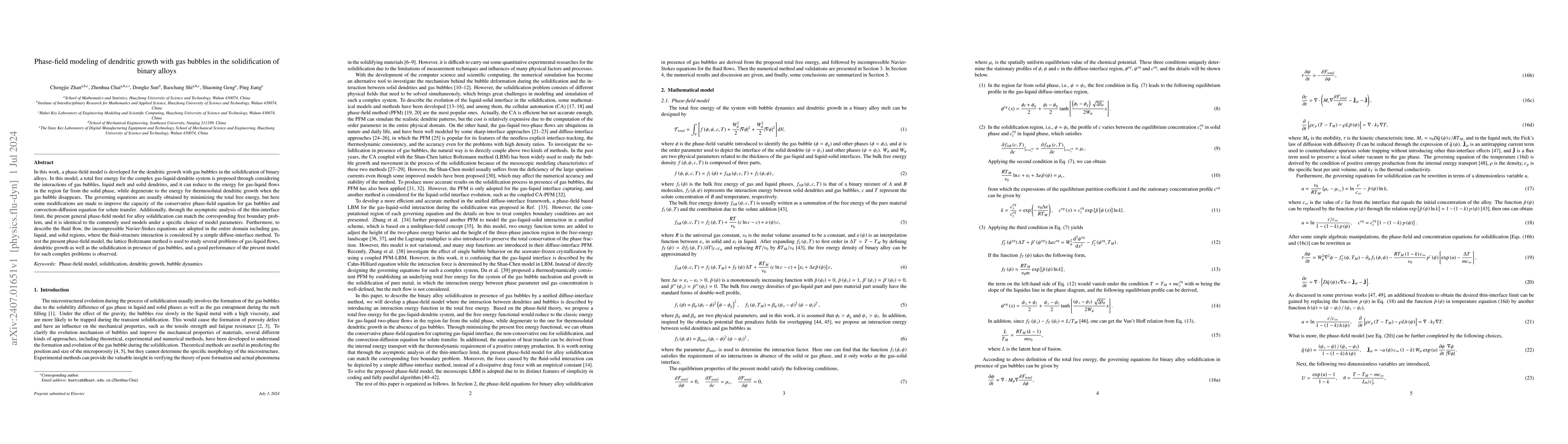 Thumbnail for Phase-field modeling of dendritic growth with gas bubbles in the
  solidification of binary alloys
