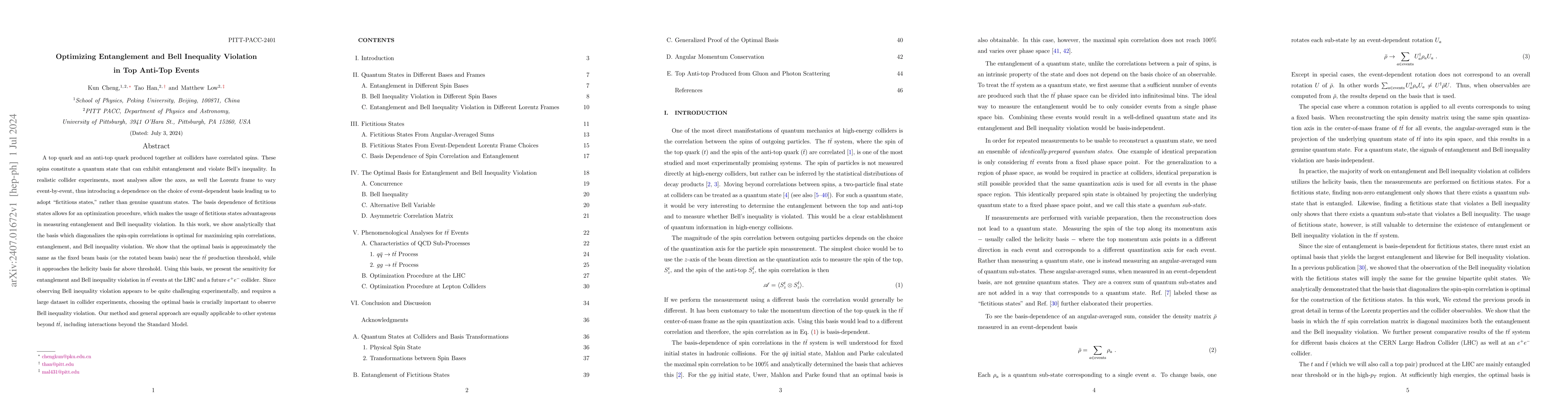 Thumbnail for Optimizing Entanglement and Bell Inequality Violation in Top Anti-Top
  Events