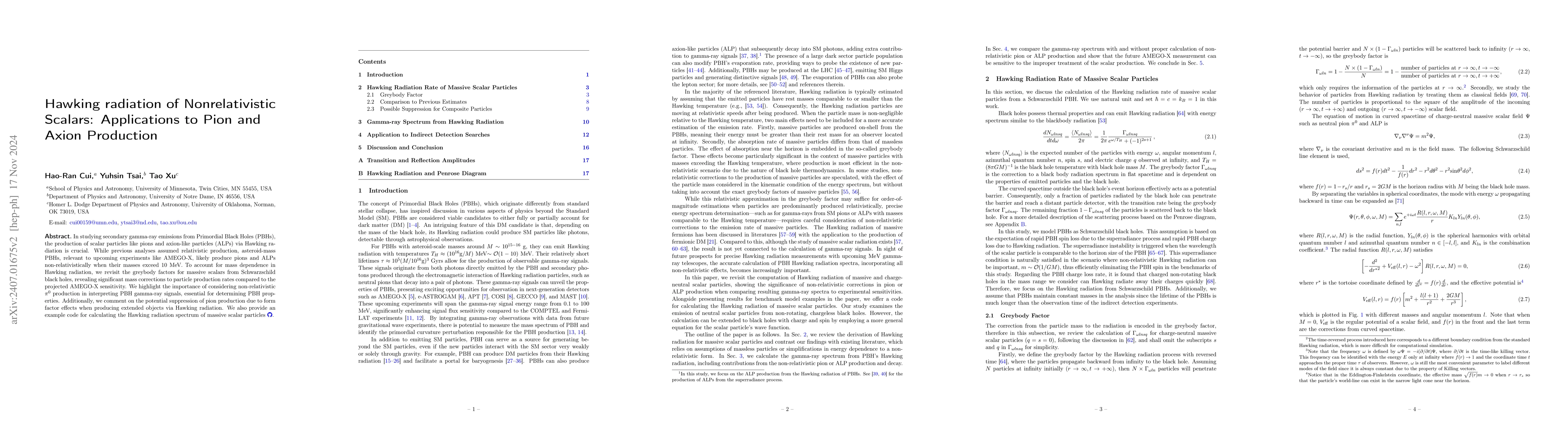 Thumbnail for Hawking Radiation of Nonrelativistic Scalars: Applications to Pion and
  Axion Production