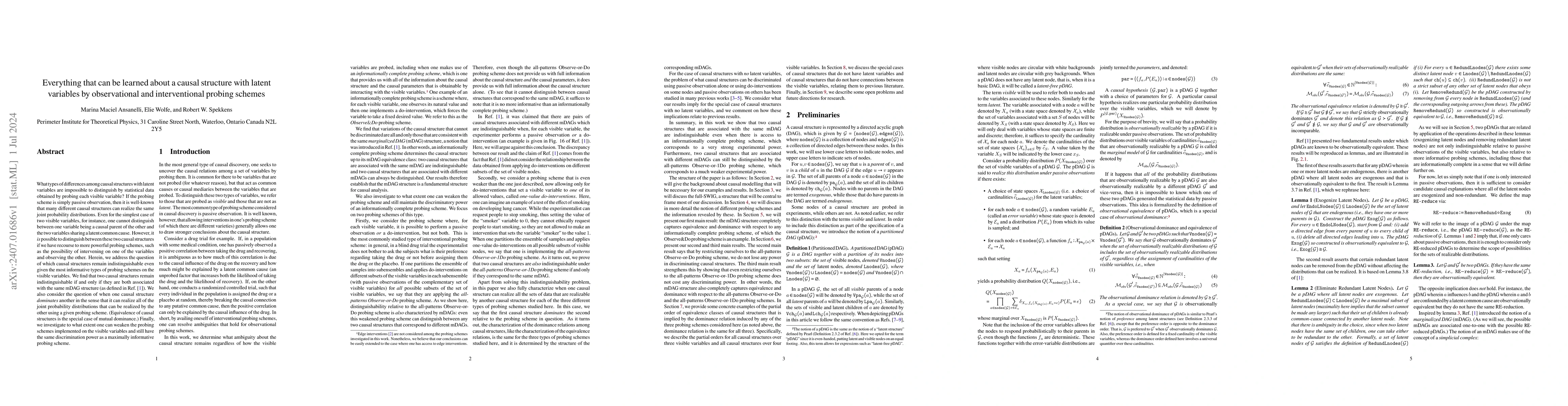 Thumbnail for Everything that can be learned about a causal structure with latent
  variables by observational and interventional probing schemes
