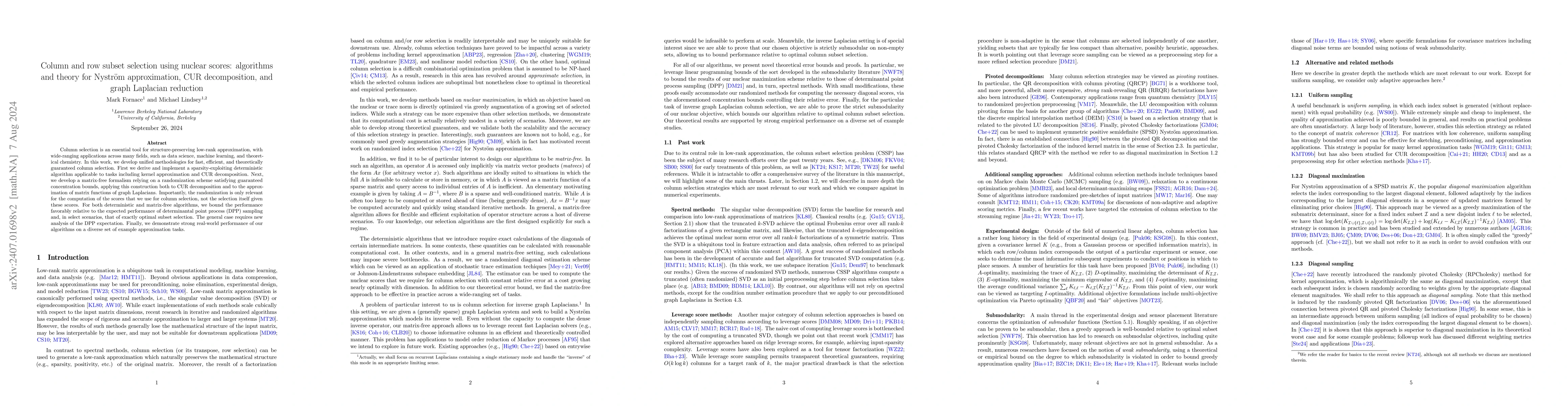 Thumbnail for Column and row subset selection using nuclear scores: algorithms and
  theory for Nyström approximation, CUR decomposition, and graph Laplacian
  reduction