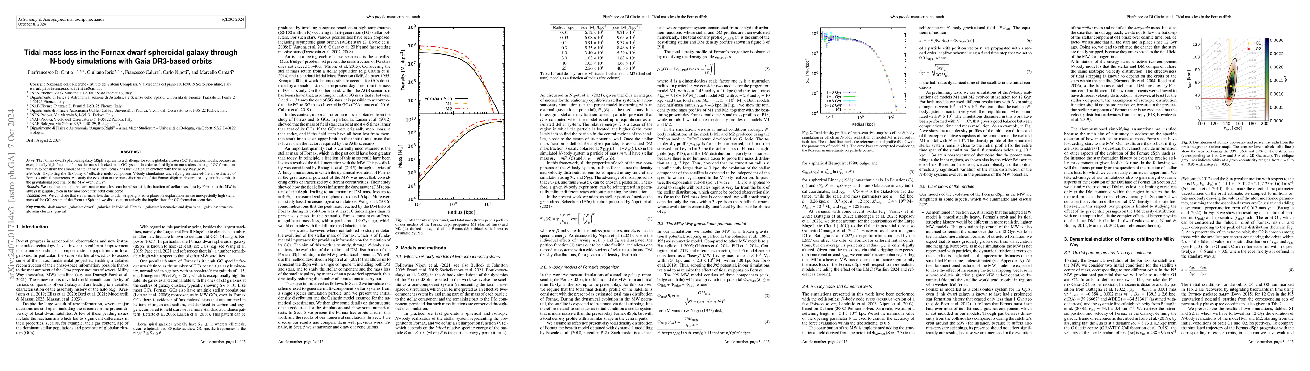 Thumbnail for Tidal mass loss in the Fornax dwarf spheroidal galaxy through N-body
  simulations with Gaia EDR3-based orbits