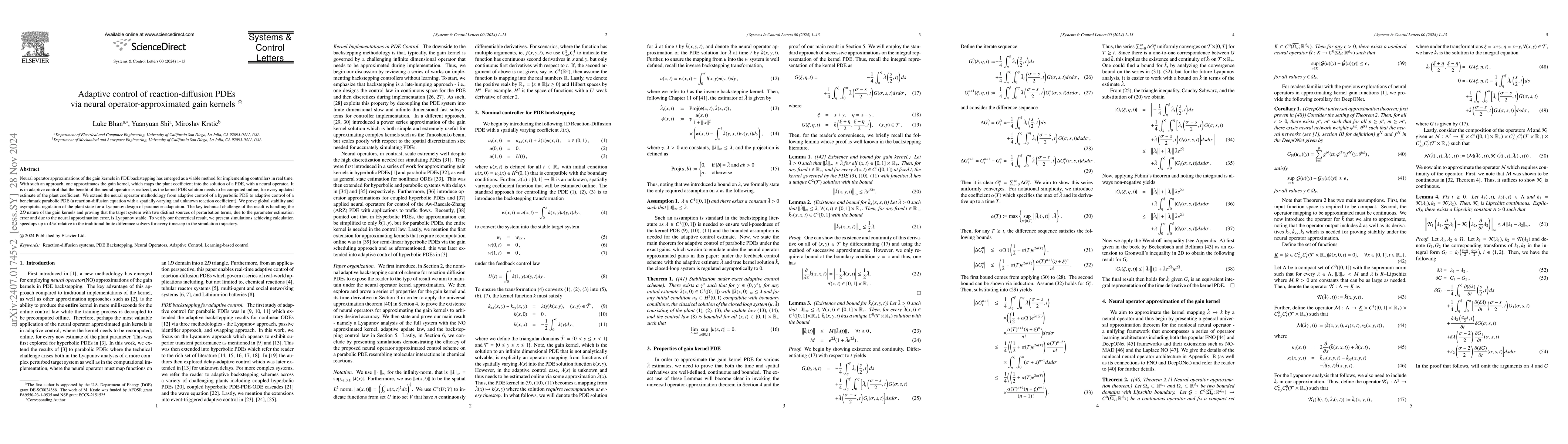 Thumbnail for Adaptive control of reaction-diffusion PDEs via neural
  operator-approximated gain kernels