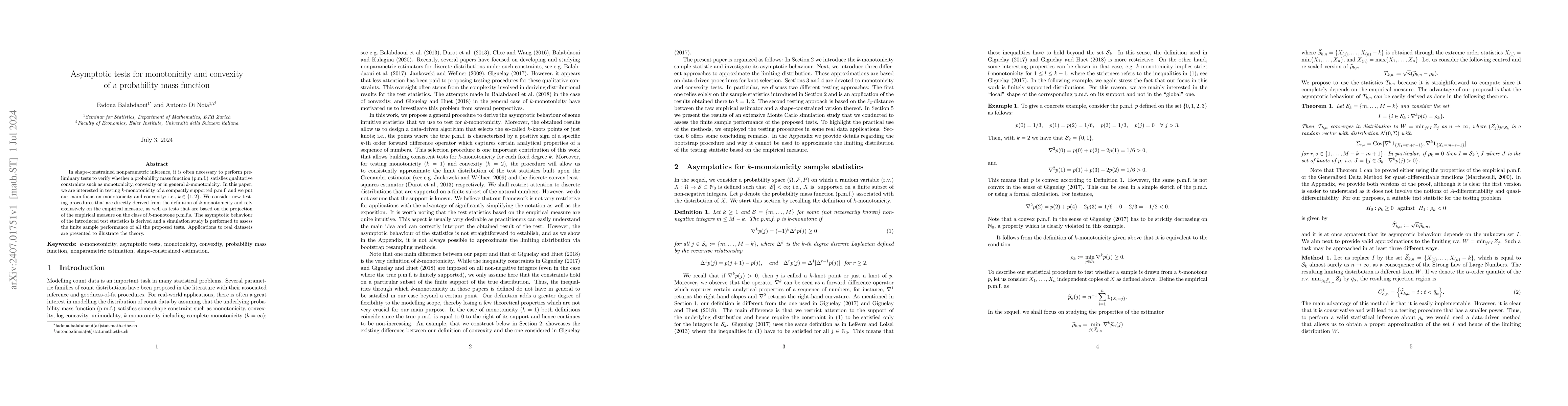 Thumbnail for Asymptotic tests for monotonicity and convexity of a probability mass
  function