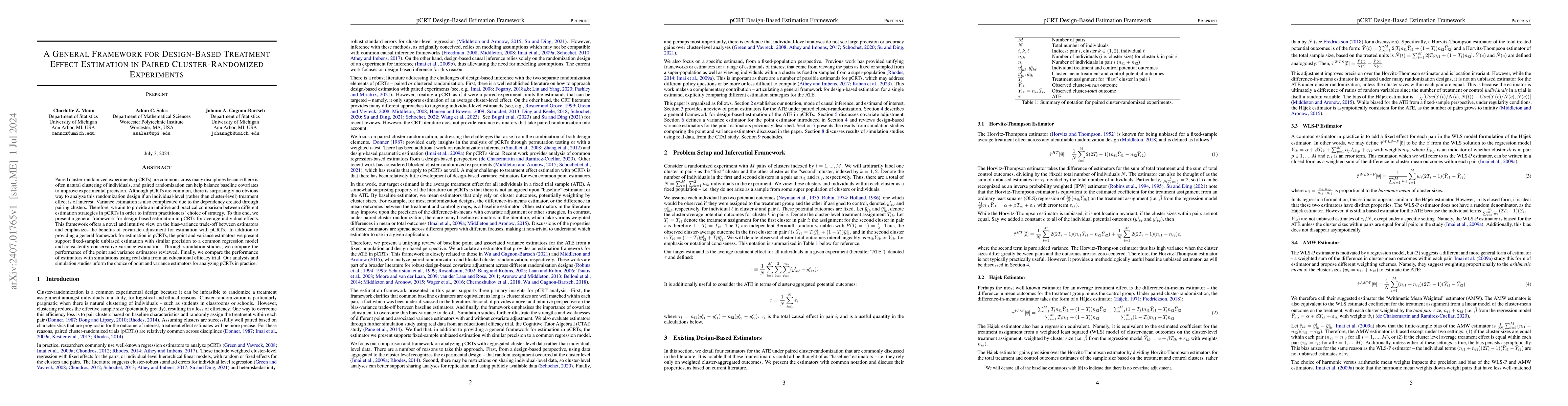 Thumbnail for A General Framework for Design-Based Treatment Effect Estimation in
  Paired Cluster-Randomized Experiments