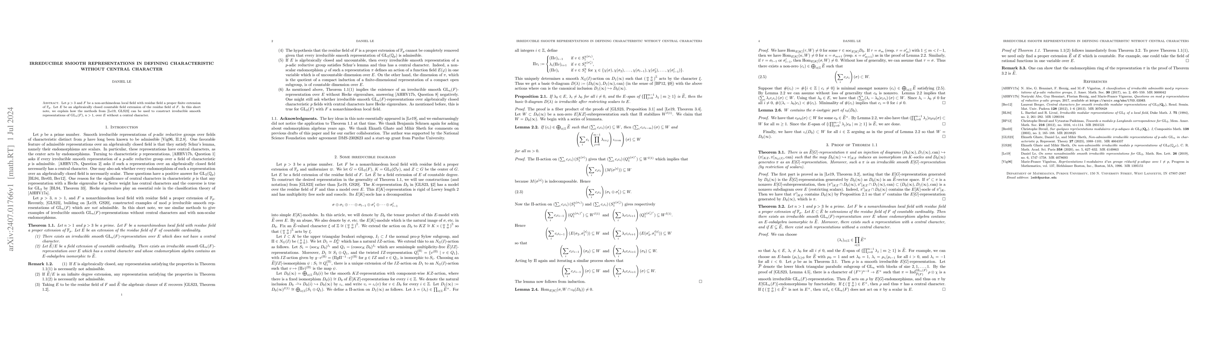 Thumbnail for Irreducible smooth representations in defining characteristic without
  central character