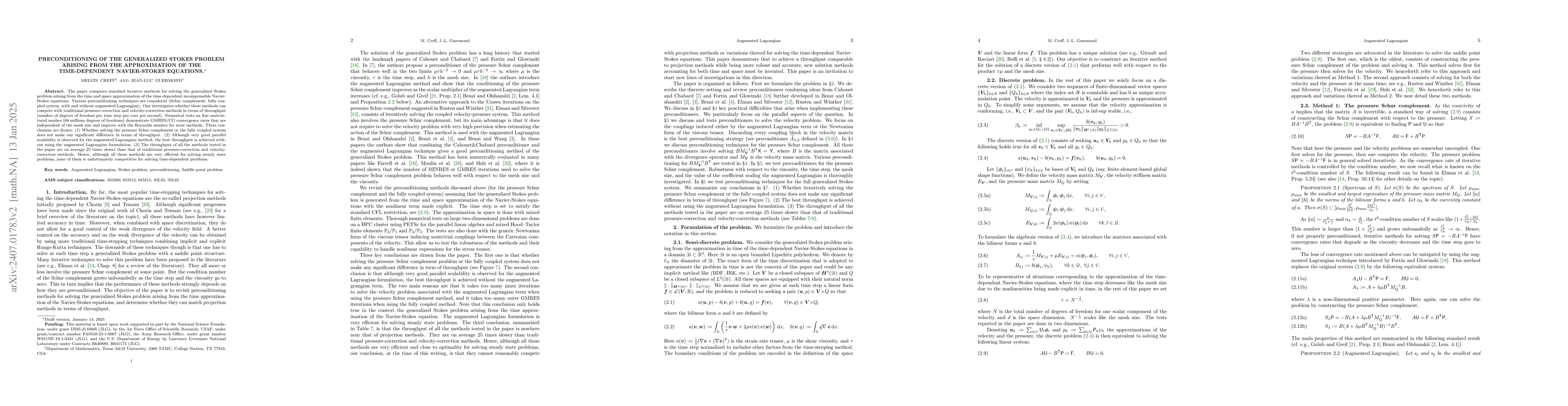Thumbnail for Preconditioning of the generalized Stokes problem arising from the
  approximation of the time-dependent Navier-Stokes equations