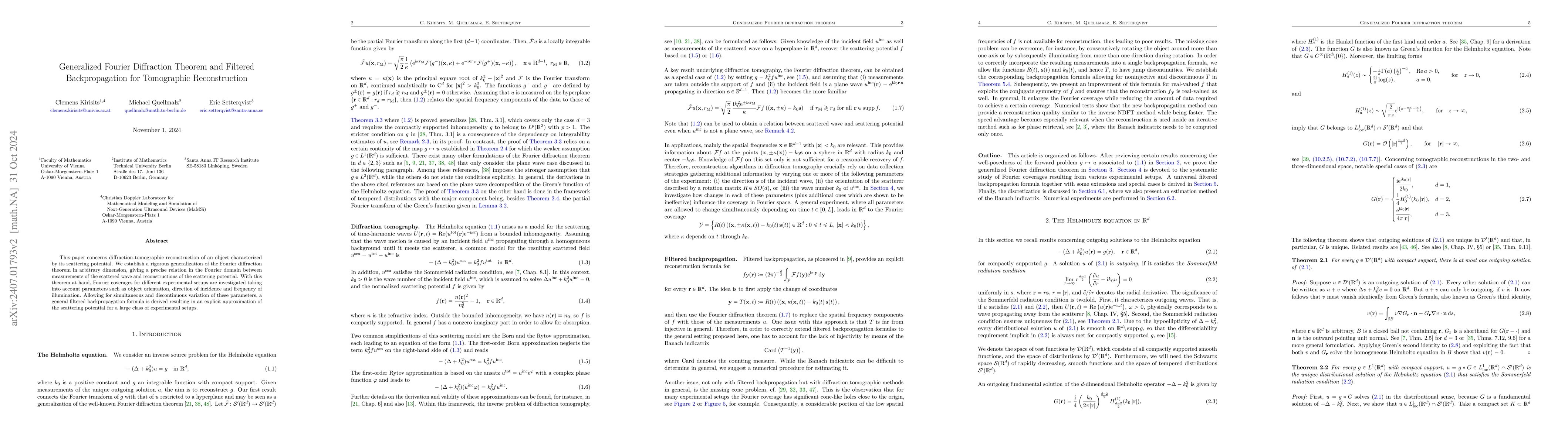 Thumbnail for Generalized Fourier Diffraction Theorem and Filtered Backpropagation for
  Tomographic Reconstruction