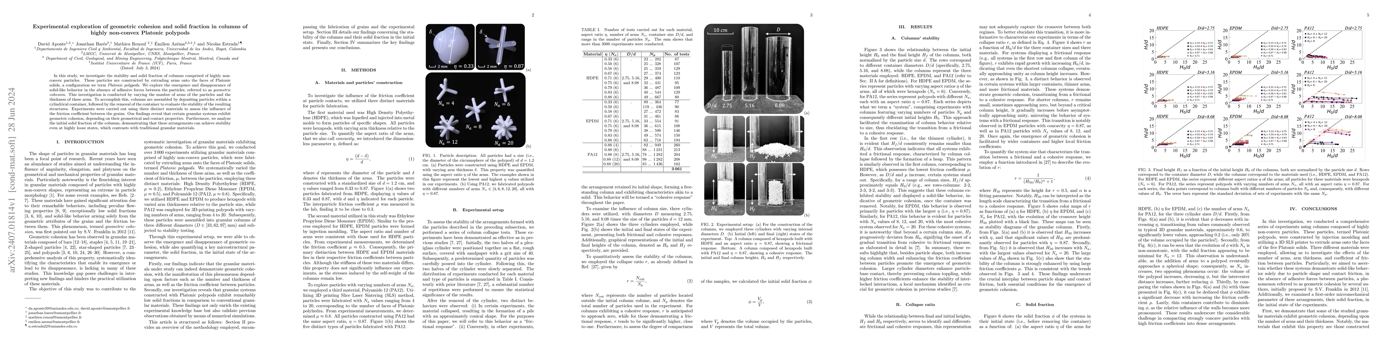 Thumbnail for Experimental exploration of geometric cohesion and solid fraction in
  columns of highly non-convex Platonic polypods