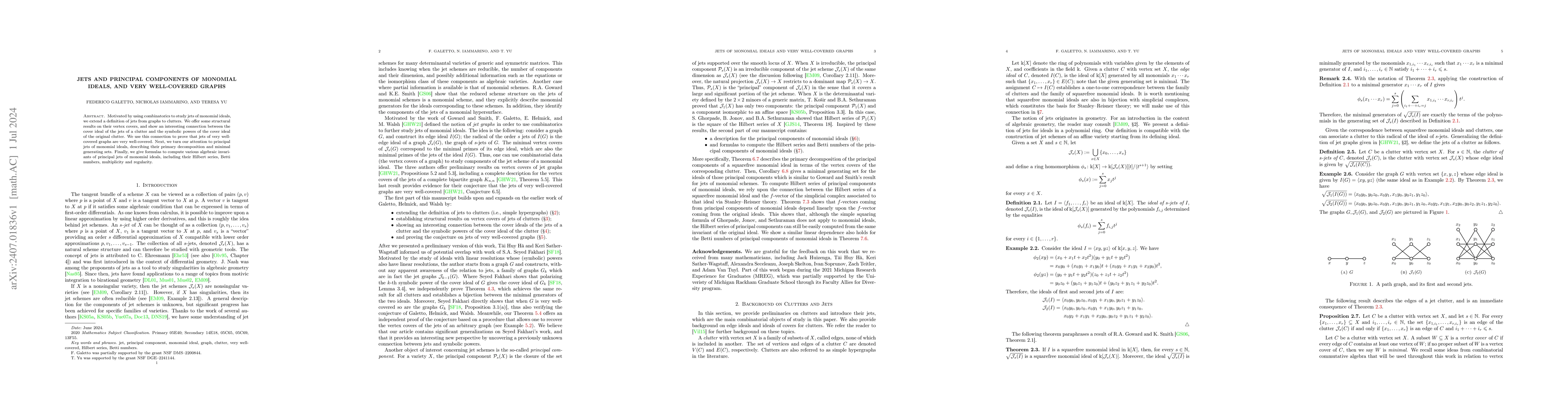 Thumbnail for Jets and principal components of monomial ideals, and very well-covered
  graphs