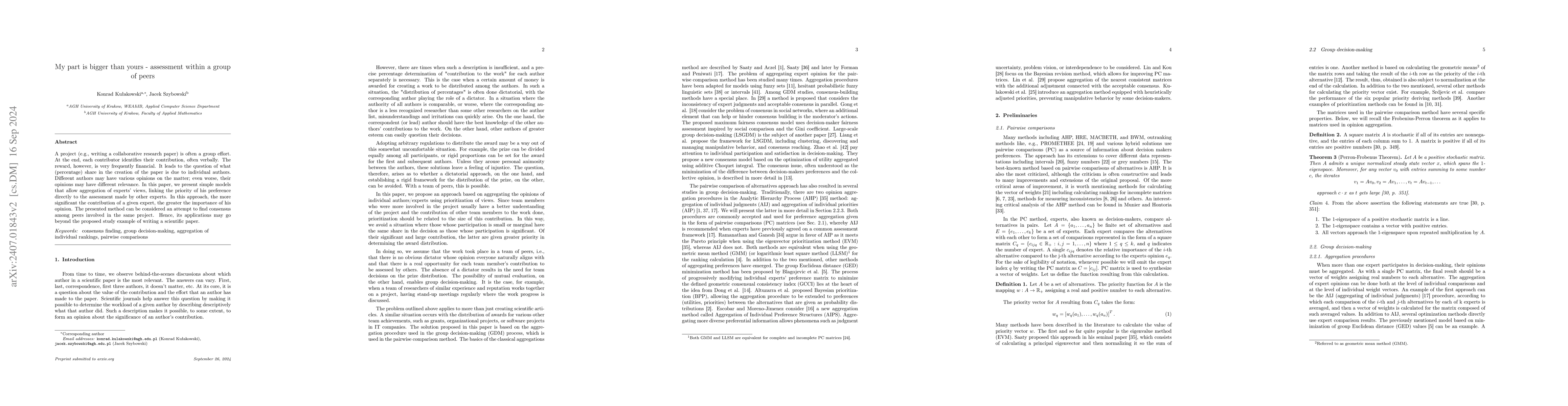 Thumbnail for My part is bigger than yours -- assessment within a group of peers using
  the pairwise comparisons method