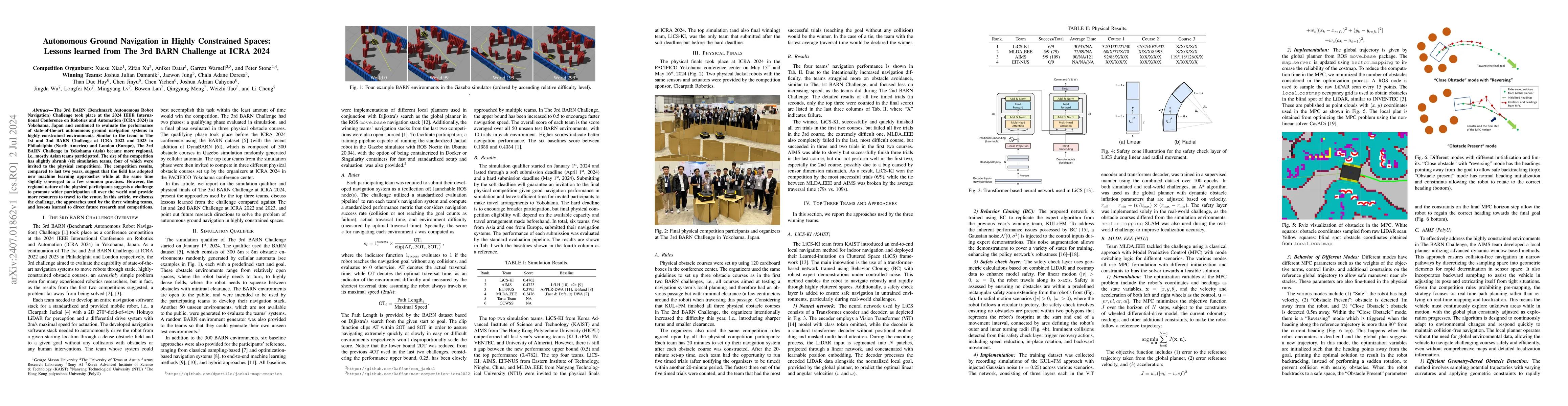 Thumbnail for Autonomous Ground Navigation in Highly Constrained Spaces: Lessons
  learned from The 3rd BARN Challenge at ICRA 2024