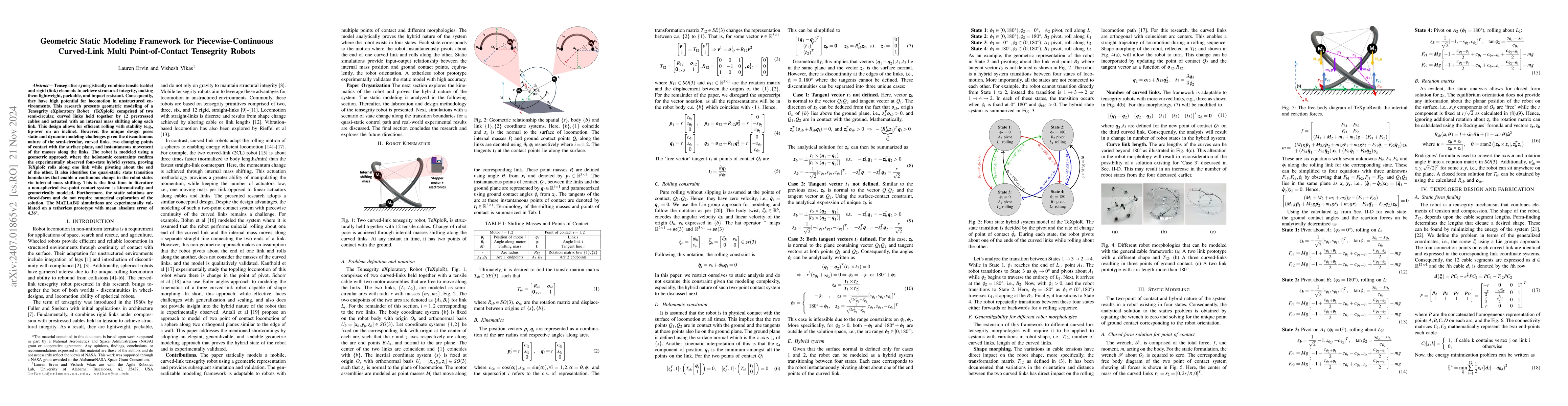 Thumbnail for Geometric Static Modeling Framework for Piecewise-Continuous Curved-Link
  Multi Point-of-Contact Tensegrity Robots