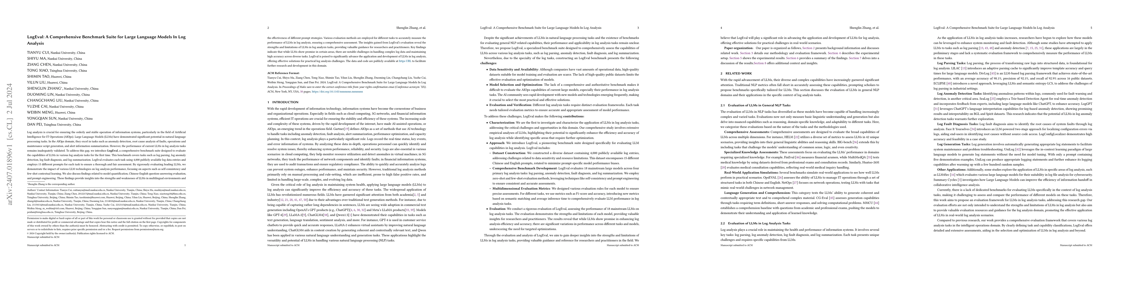 Thumbnail for LogEval: A Comprehensive Benchmark Suite for Large Language Models In
  Log Analysis