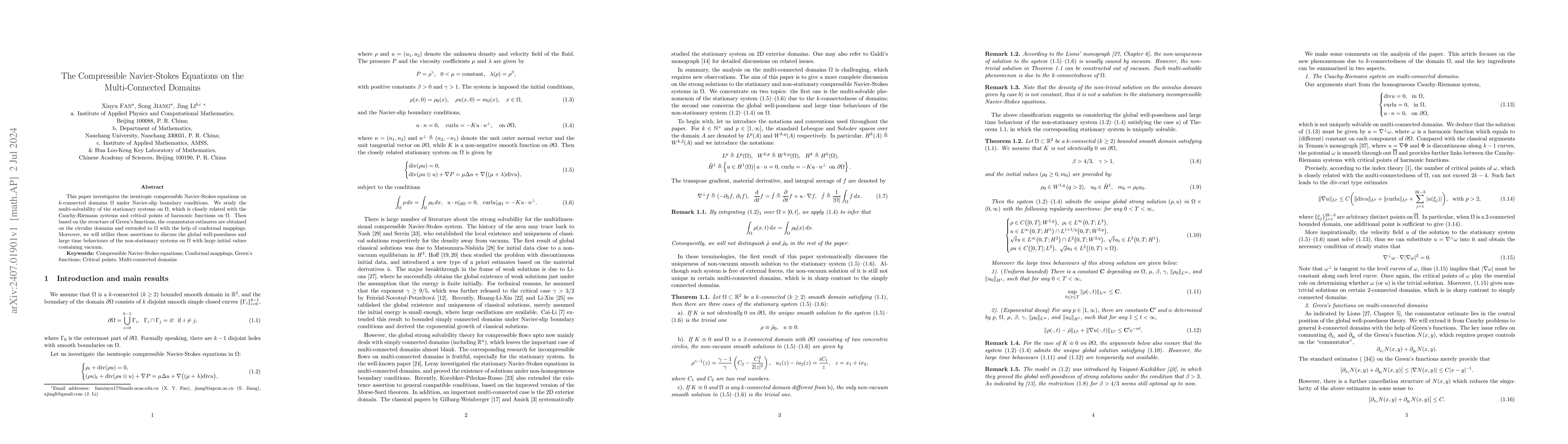Thumbnail for The Compressible Navier-Stokes Equations on the Multi-Connected Domains