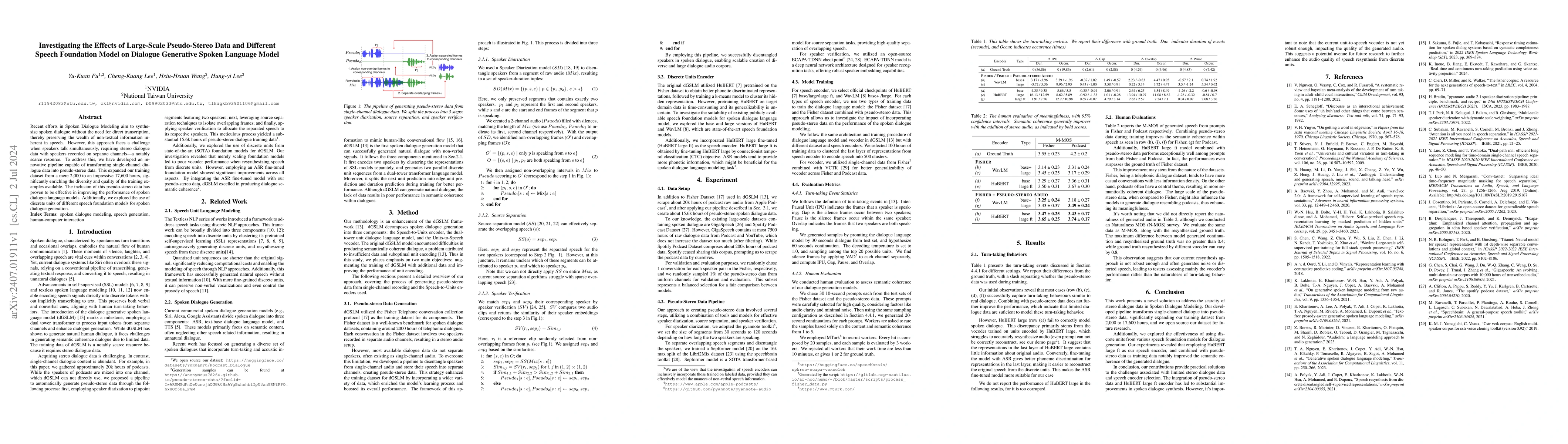 Thumbnail for Investigating the Effects of Large-Scale Pseudo-Stereo Data and
  Different Speech Foundation Model on Dialogue Generative Spoken Language
  Model