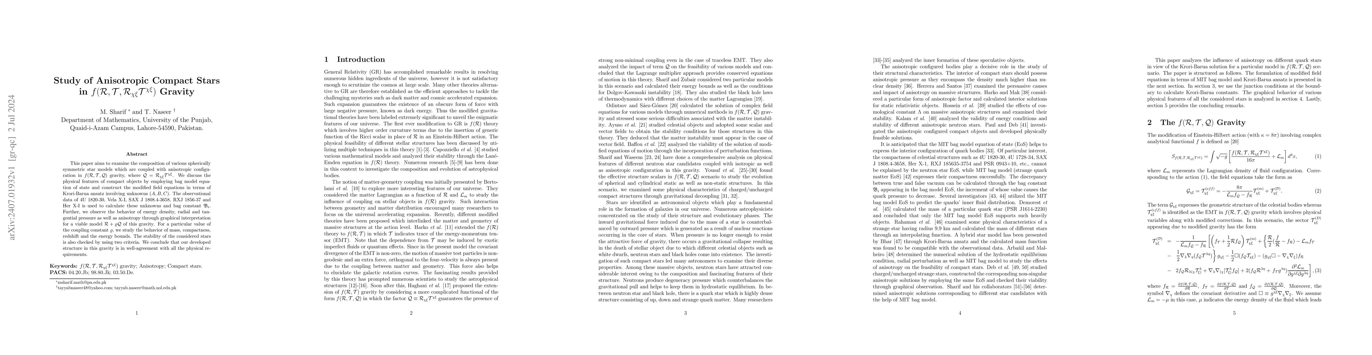 Thumbnail for Study of Anisotropic Compact Stars in
  $f(\mathcal{R},\mathcal{T},\mathcal{R}_{\chi\xi}\mathcal{T}^{\chi\xi})$
  Gravity