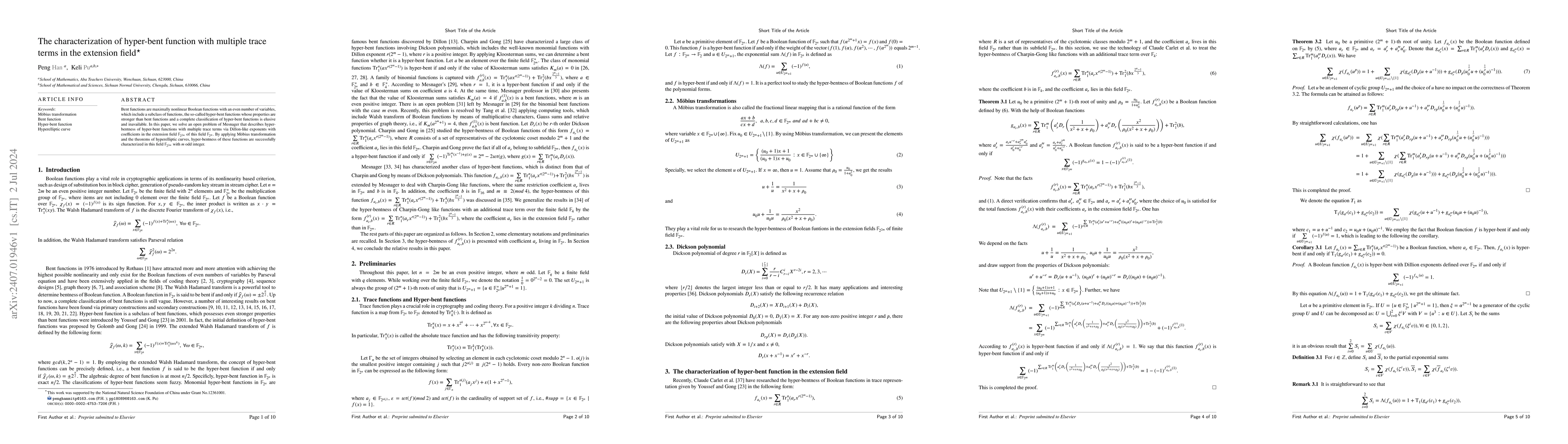 Thumbnail for The characterization of hyper-bent function with multiple trace terms in
  the extension field