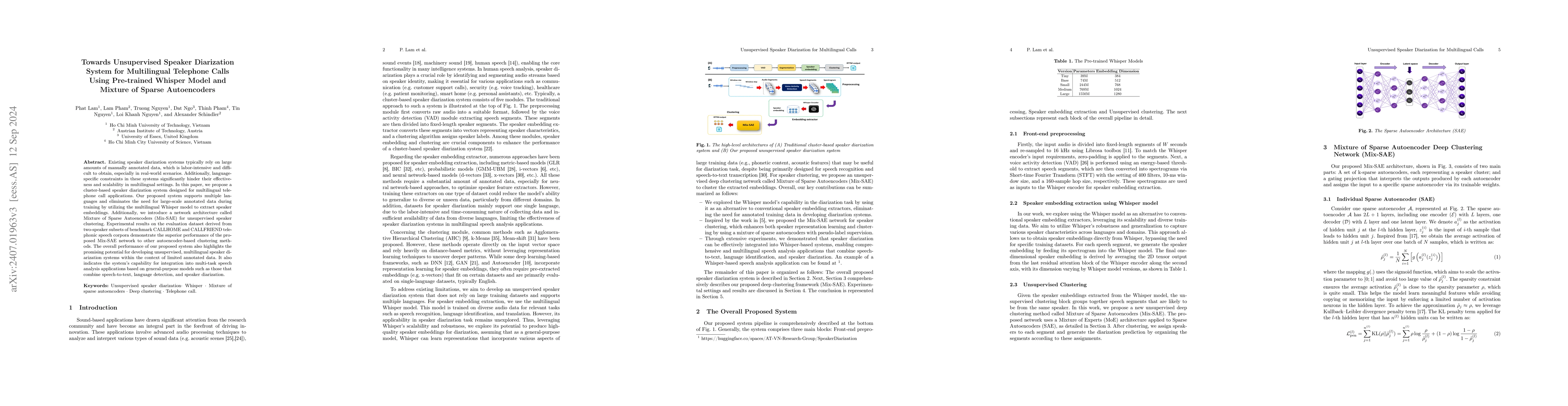 Thumbnail for Towards Unsupervised Speaker Diarization System for Multilingual
  Telephone Calls Using Pre-trained Whisper Model and Mixture of Sparse
  Autoencoders