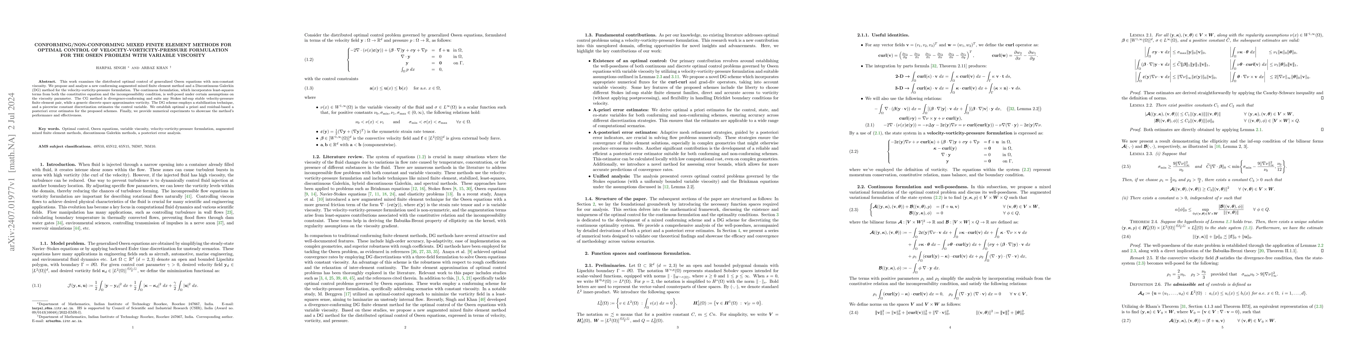 Thumbnail for Conforming/Non-Conforming Mixed Finite Element Methods for Optimal
  Control of Velocity-Vorticity-Pressure Formulation for the Oseen Problem with
  Variable Viscosity