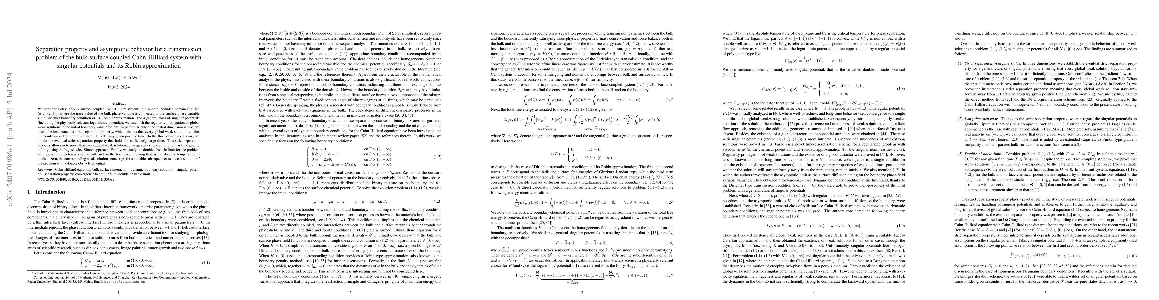 Thumbnail for Separation property and asymptotic behavior for a transmission problem
  of the bulk-surface coupled Cahn-Hilliard system with singular potentials and
  its Robin approximation