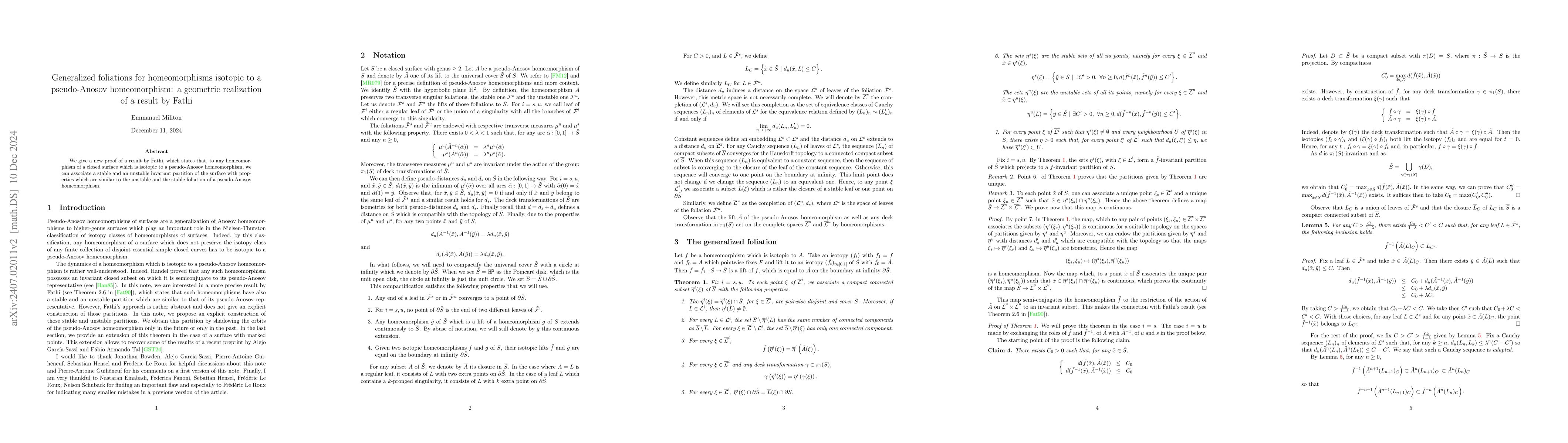 Thumbnail for Generalized foliations for homeomorphisms isotopic to a pseudo-Anosov
  homeomorphism: a geometric realization of a result by Fathi