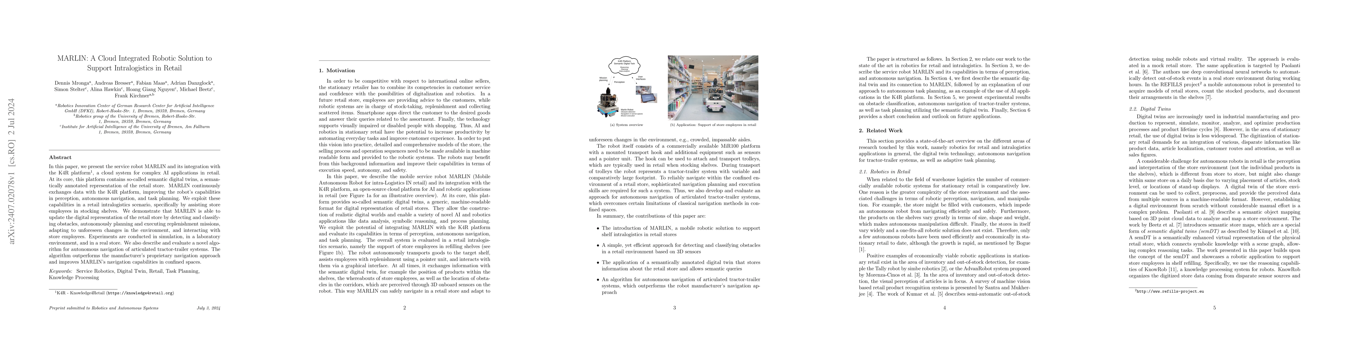 Thumbnail for MARLIN: A Cloud Integrated Robotic Solution to Support Intralogistics in
  Retail