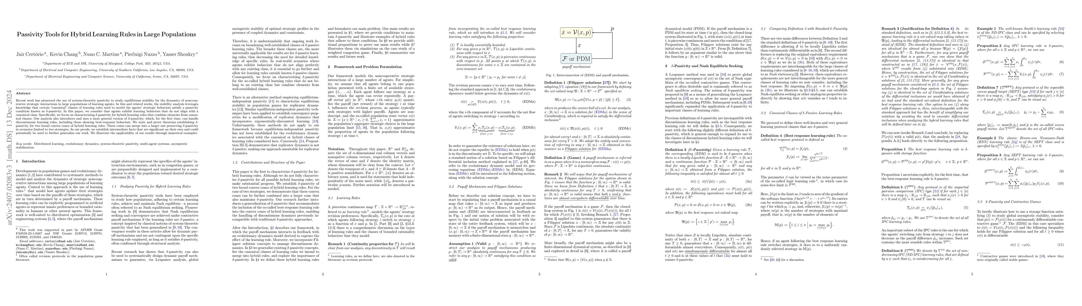 Thumbnail for Passivity Tools for Hybrid Learning Rules in Large Populations