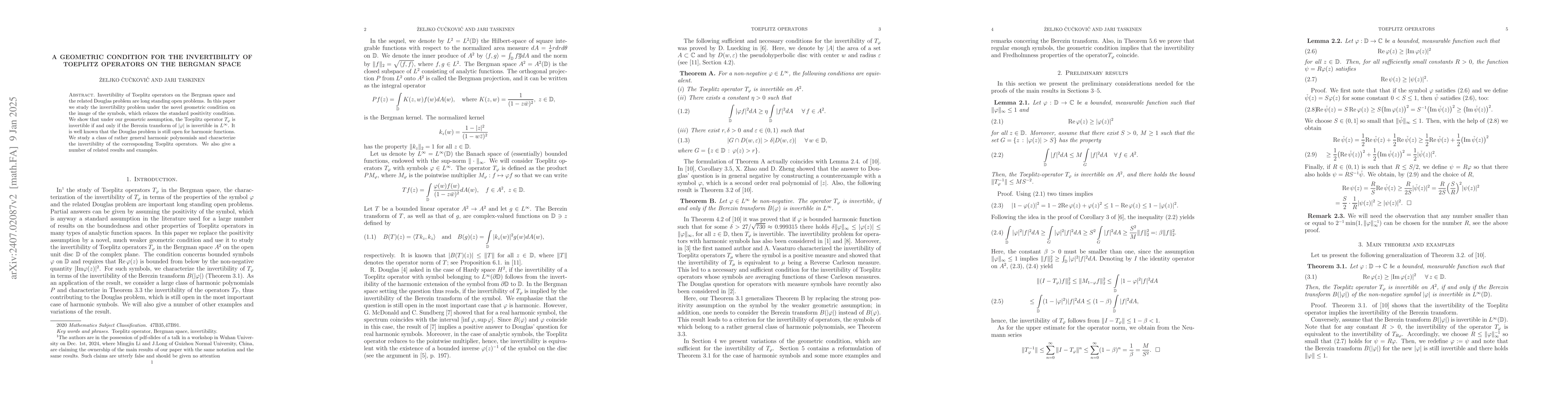 Thumbnail for A geometric condition for the invertibility of Toeplitz operators on the
  Bergman space