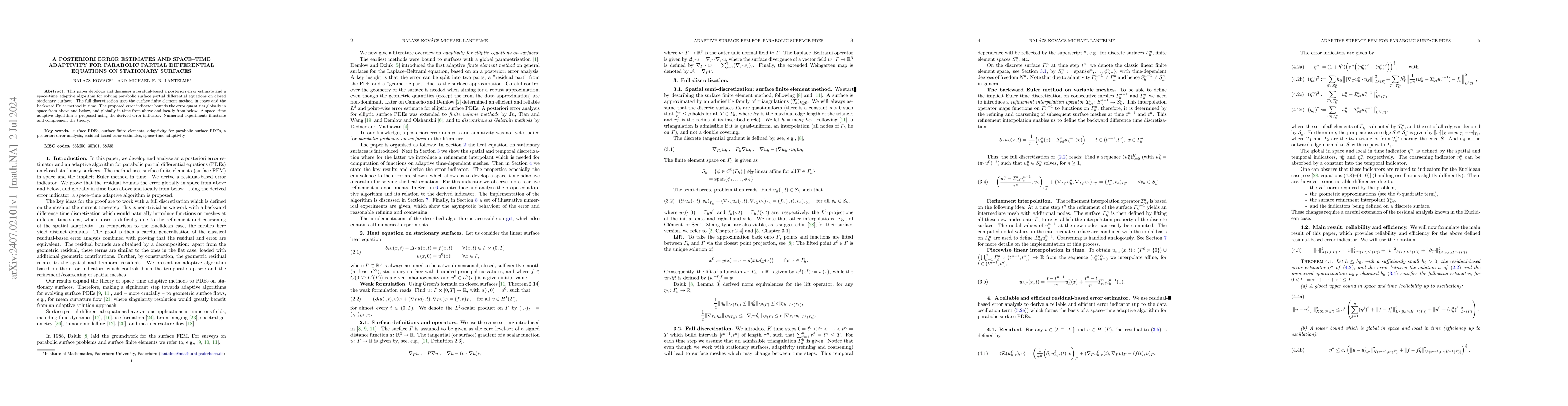 Thumbnail for A posteriori error estimates and space--time adaptivity for parabolic
  partial differential equations on stationary surfaces