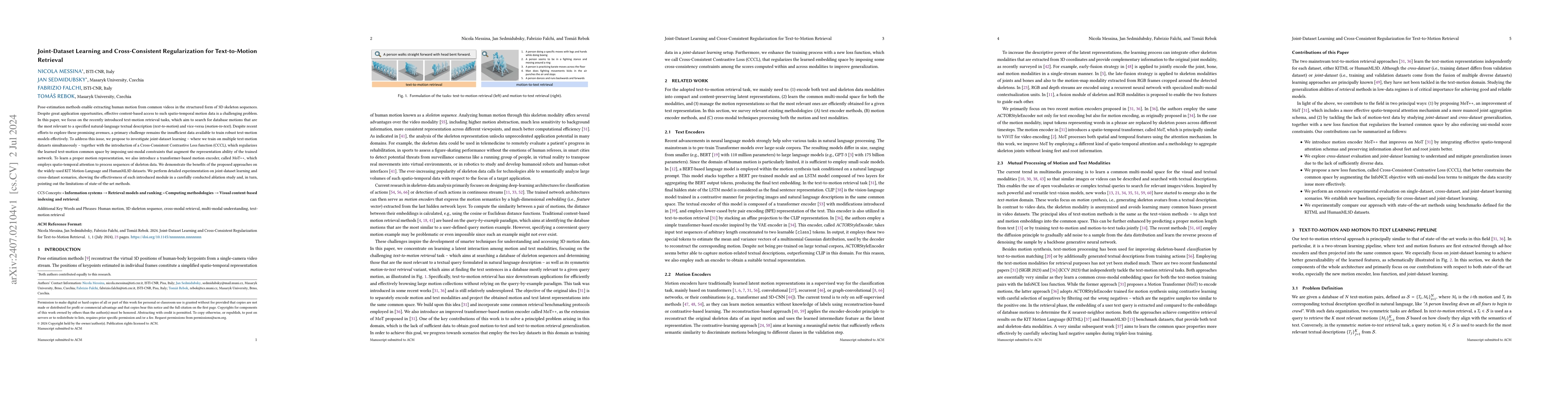 Thumbnail for Joint-Dataset Learning and Cross-Consistent Regularization for
  Text-to-Motion Retrieval