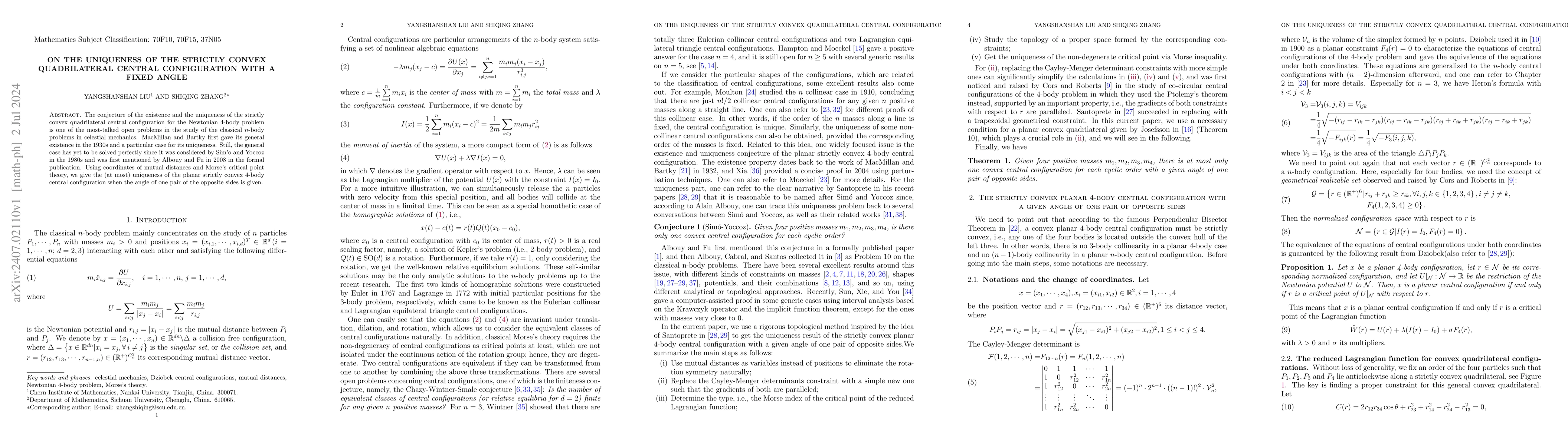 Thumbnail for On the uniqueness of the strictly convex quadrilateral central
  configuration with a fixed angle
