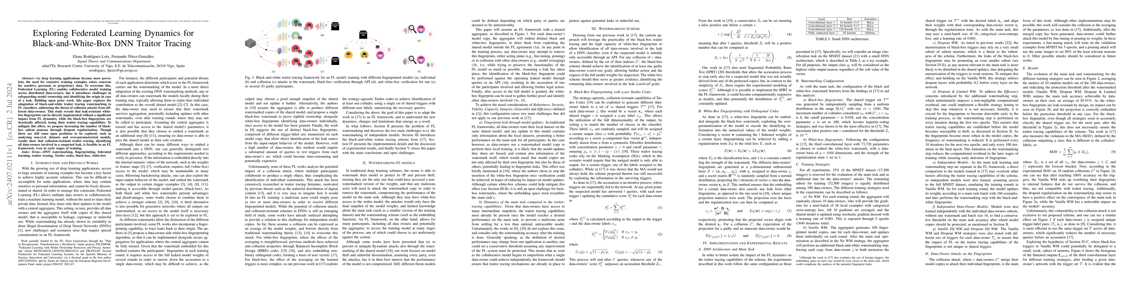 Thumbnail for Exploring Federated Learning Dynamics for Black-and-White-Box DNN
  Traitor Tracing