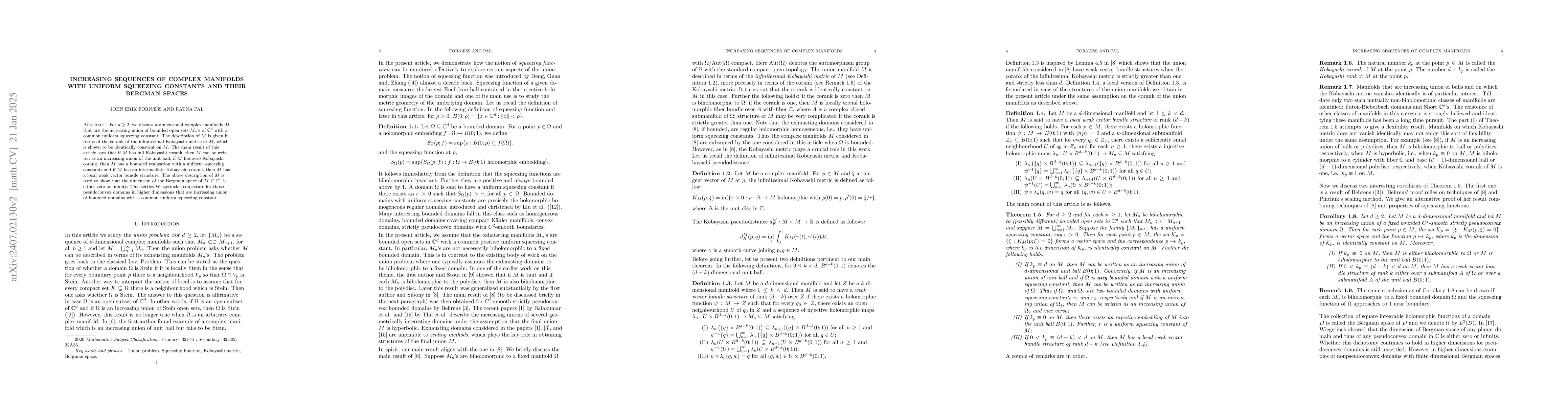 Thumbnail for Increasing sequences of complex manifolds with uniform squeezing
  constants and their Bergman spaces