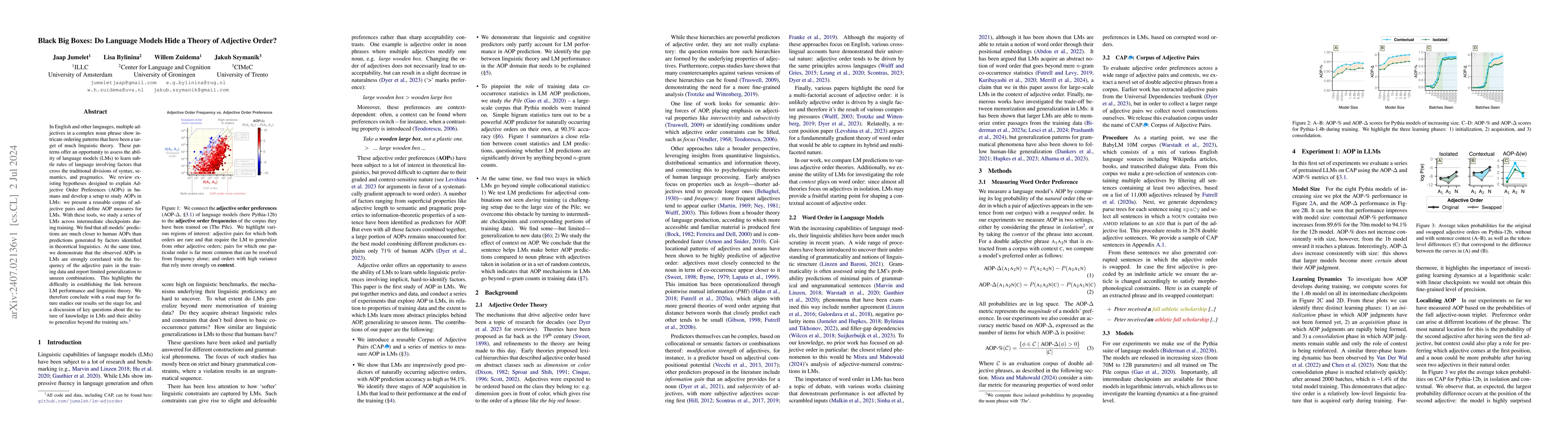 Thumbnail for Black Big Boxes: Do Language Models Hide a Theory of Adjective Order?