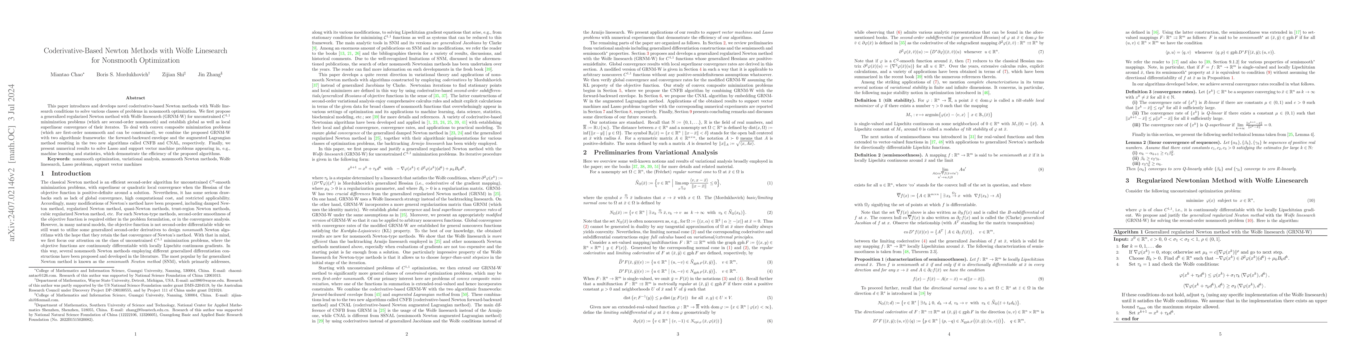 Thumbnail for Coderivative-Based Newton Methods with Wolfe Linesearch for Nonsmooth
  Optimization