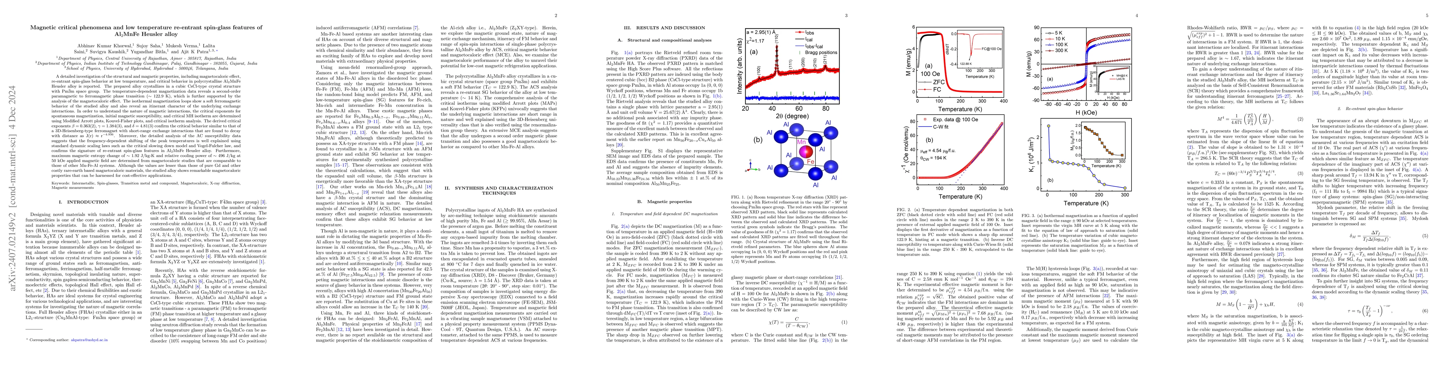 Thumbnail for Magnetic critical phenomena and low temperature re-entrant spin-glass
  features of Al$_2$MnFe Heusler alloy