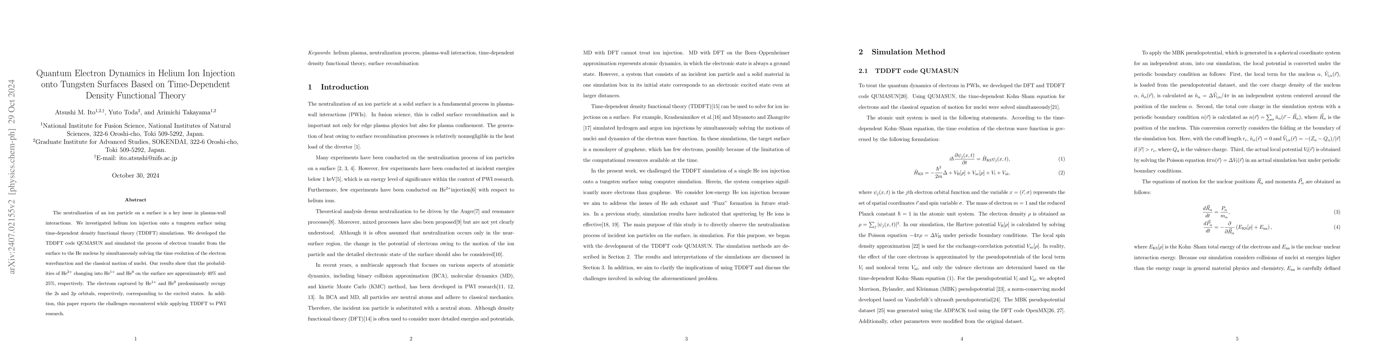 Thumbnail for Quantum Electron Dynamics in Helium Ion Injection onto Tungsten Surfaces
  by Time-Dependent Density Functional Theory